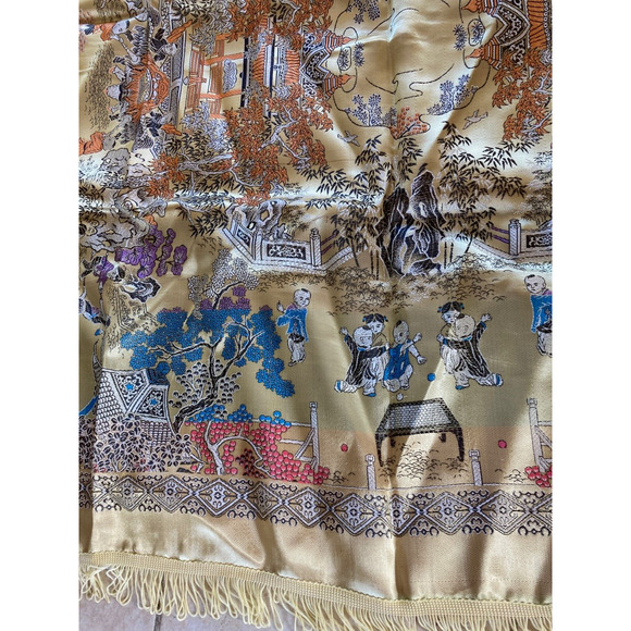 Vintage Asian Tapestry Brocade Piano Shawl Gold Chinese 48" Tablecloth Excellent - Picture 9 of 12